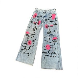 Vibrant Pink and Blue Artistic Wide Leg Jeans